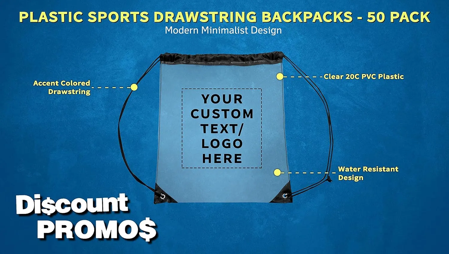 DISCOUNT PROMOS 50 Plastic Drawstring Backpacks Set - Customizable Text, Logo - Plastic, Durable, Clear, Water Resistant - Black