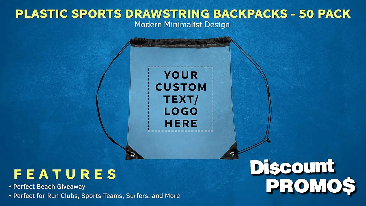 DISCOUNT PROMOS 50 Plastic Drawstring Backpacks Set - Customizable Text, Logo - Plastic, Durable, Clear, Water Resistant - Black