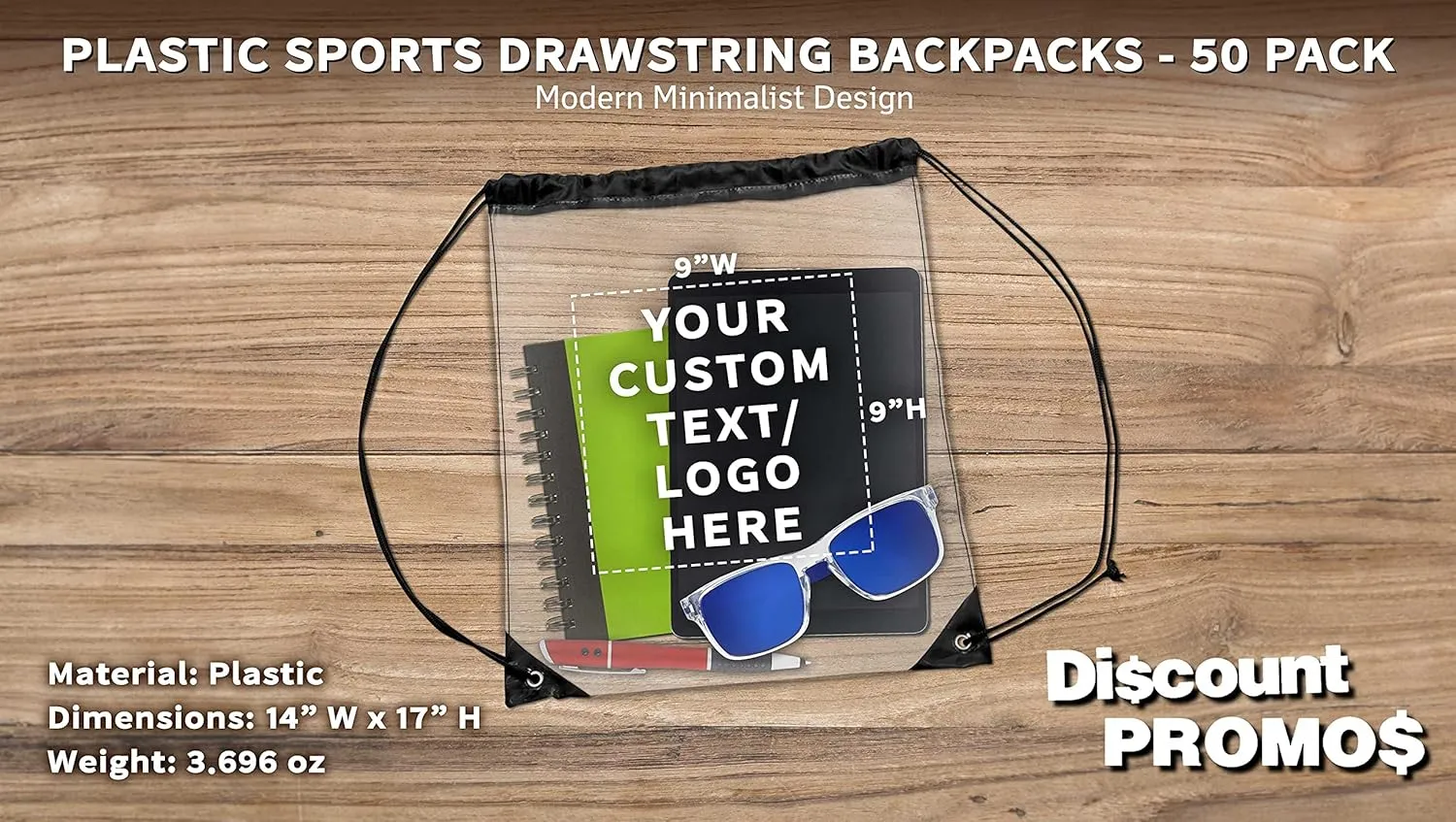 DISCOUNT PROMOS 50 Plastic Drawstring Backpacks Set - Customizable Text, Logo - Plastic, Durable, Clear, Water Resistant - Black
