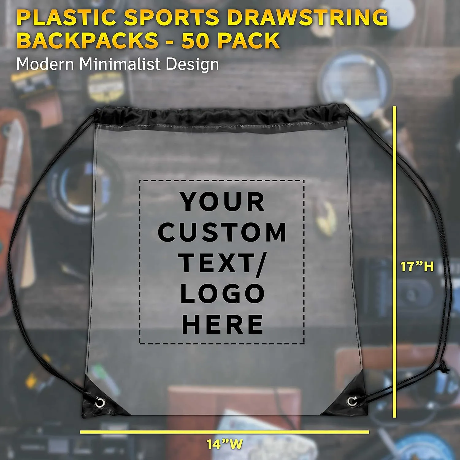 DISCOUNT PROMOS 50 Plastic Drawstring Backpacks Set - Customizable Text, Logo - Plastic, Durable, Clear, Water Resistant - Black