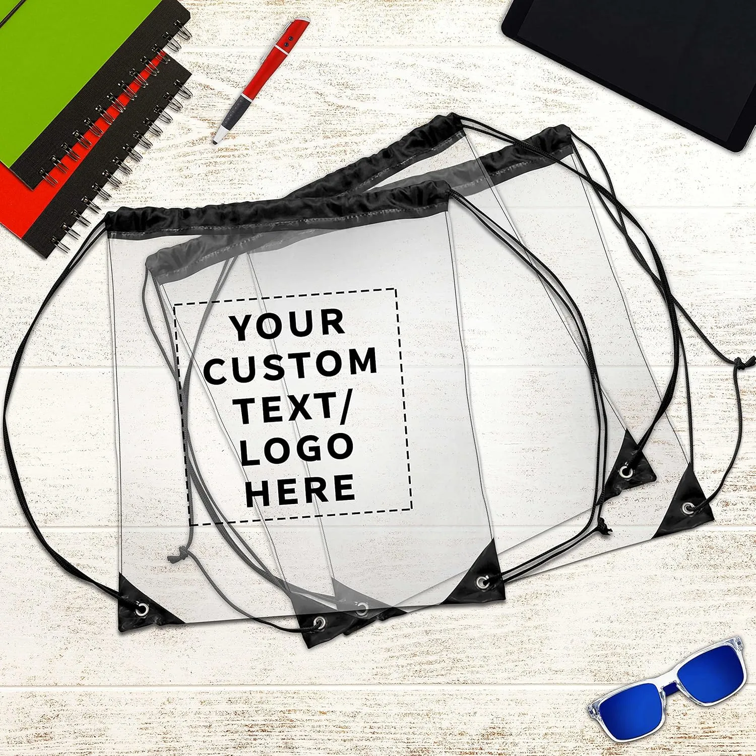 DISCOUNT PROMOS 50 Plastic Drawstring Backpacks Set - Customizable Text, Logo - Plastic, Durable, Clear, Water Resistant - Black
