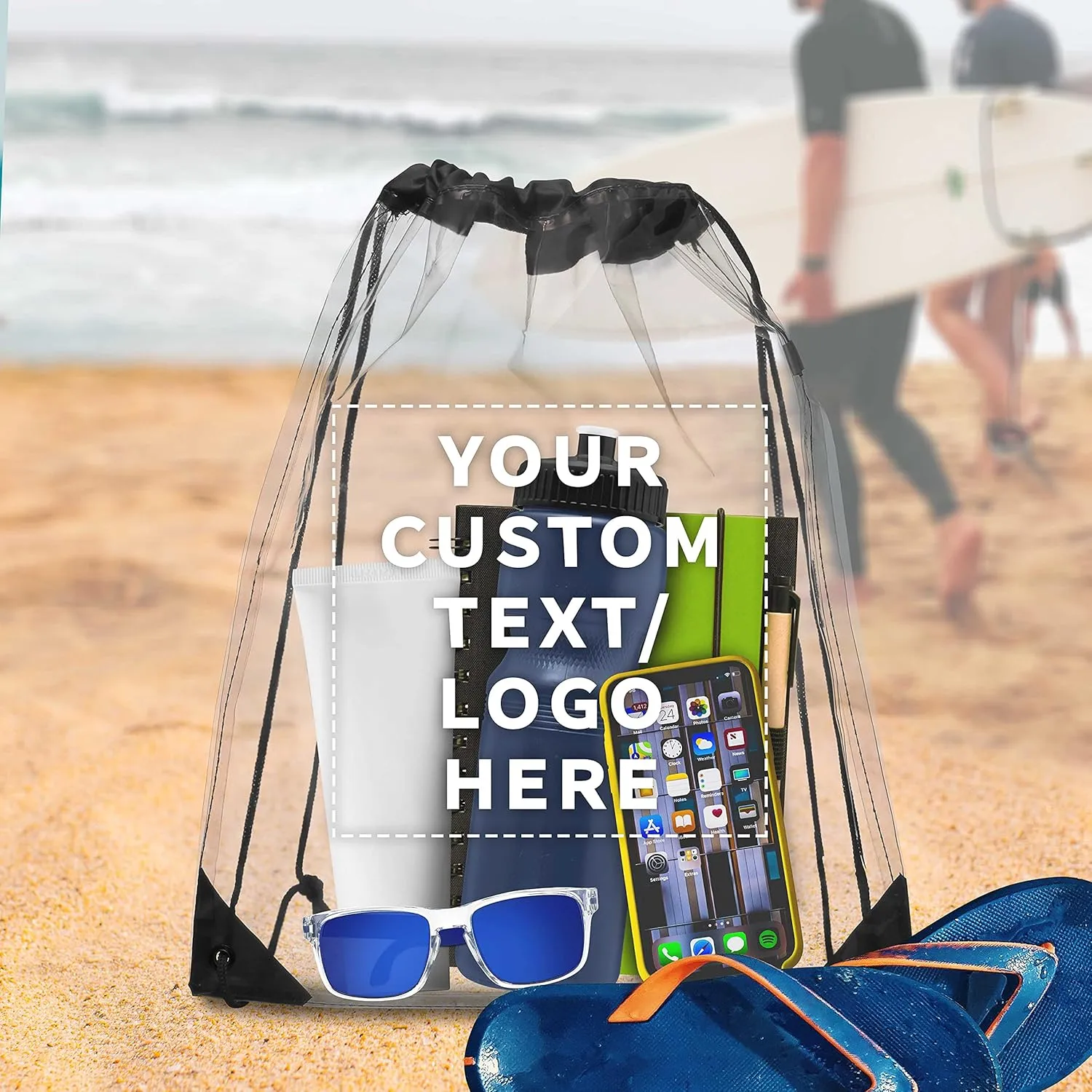 DISCOUNT PROMOS 50 Plastic Drawstring Backpacks Set - Customizable Text, Logo - Plastic, Durable, Clear, Water Resistant - Black