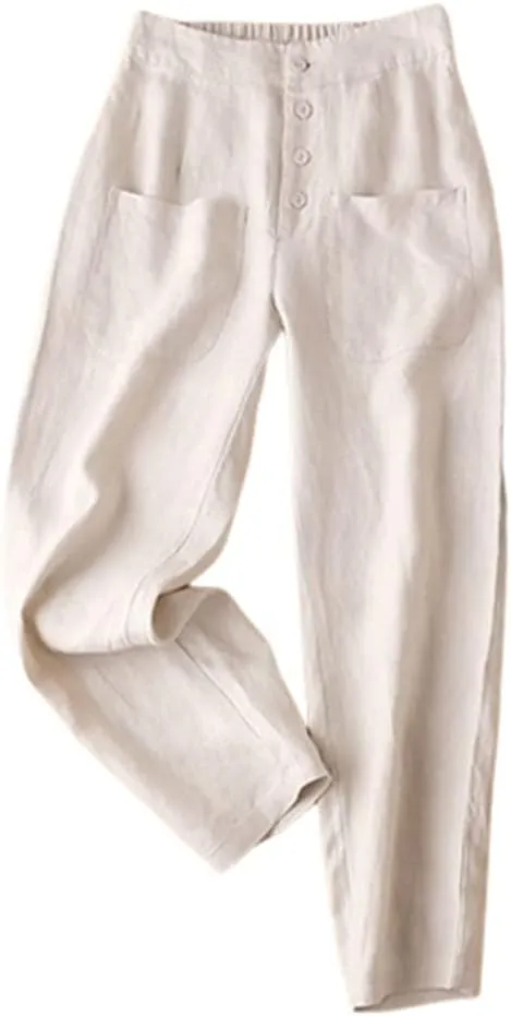 Disimlarl Cotton Linen Pants Women Solid Color Harem Pants Elastic Waist Loose Casual Linen Trousers