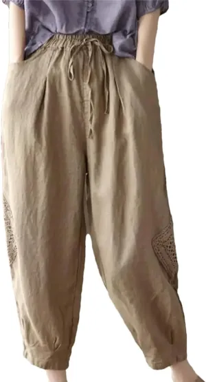 Disimlarl Women High Waist Casual Pants Elastic Waist Cotton Linen Pants Loose Ankle-Length Harem Pants