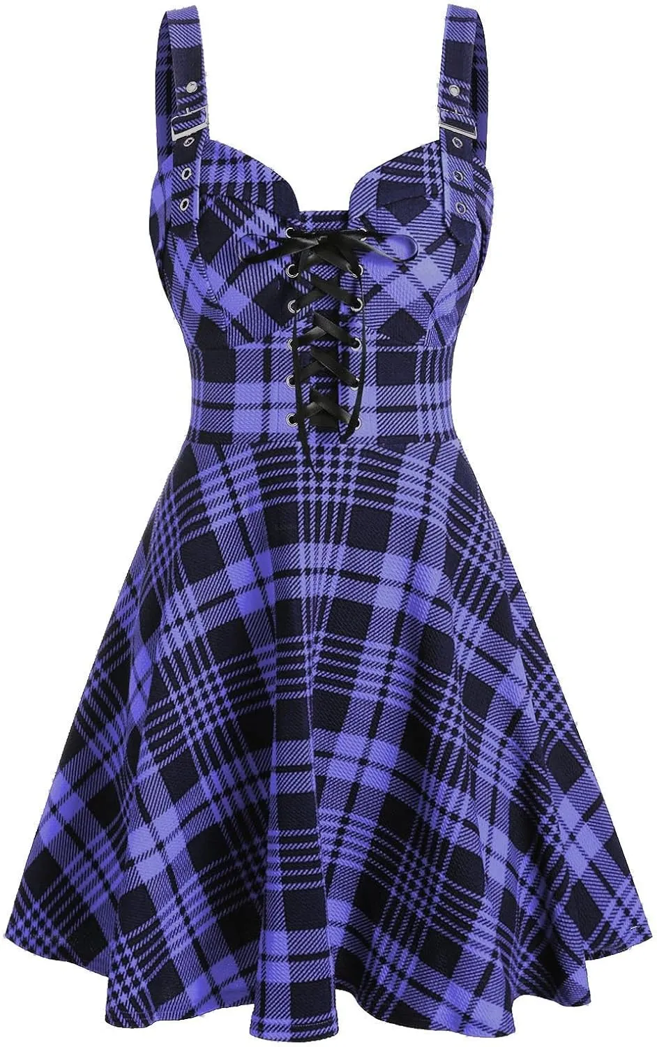 DRESSFO Women's Gothic Dress Plaid Print Lace-up Front Buckle Strap Dress Retro Empire Waist Dress Vintage 1950s Dresses