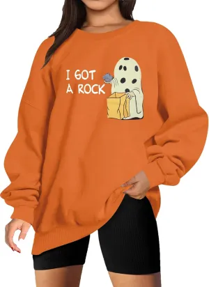 DUTUT Halloween Sweatshirts Women Oversized Spooky Season Sweatshirt Cute I Got A Rock Graphic Shirt Fall Crew Neck Pullover Orange