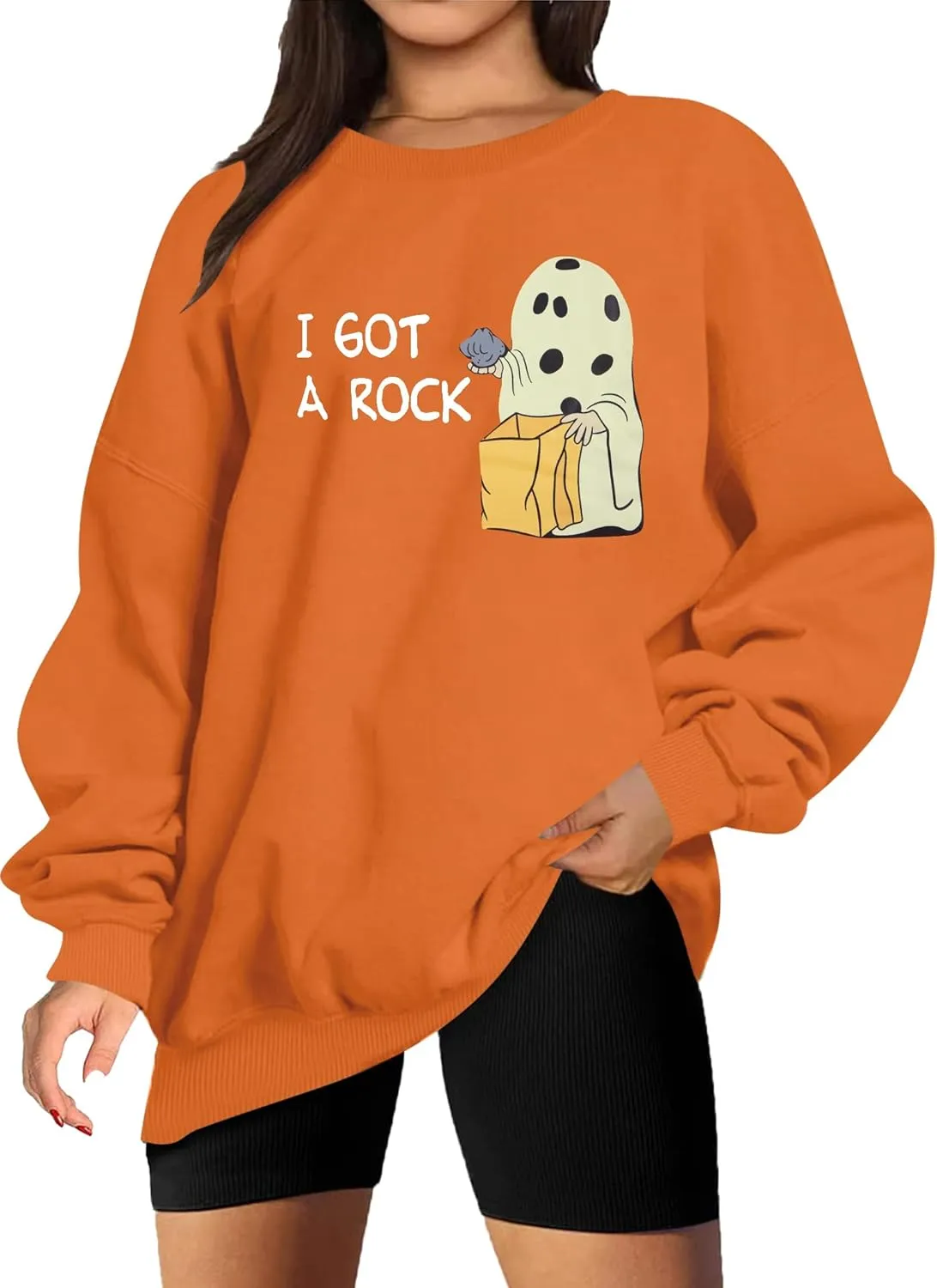 DUTUT Halloween Sweatshirts Women Oversized Spooky Season Sweatshirt Cute I Got A Rock Graphic Shirt Fall Crew Neck Pullover Orange