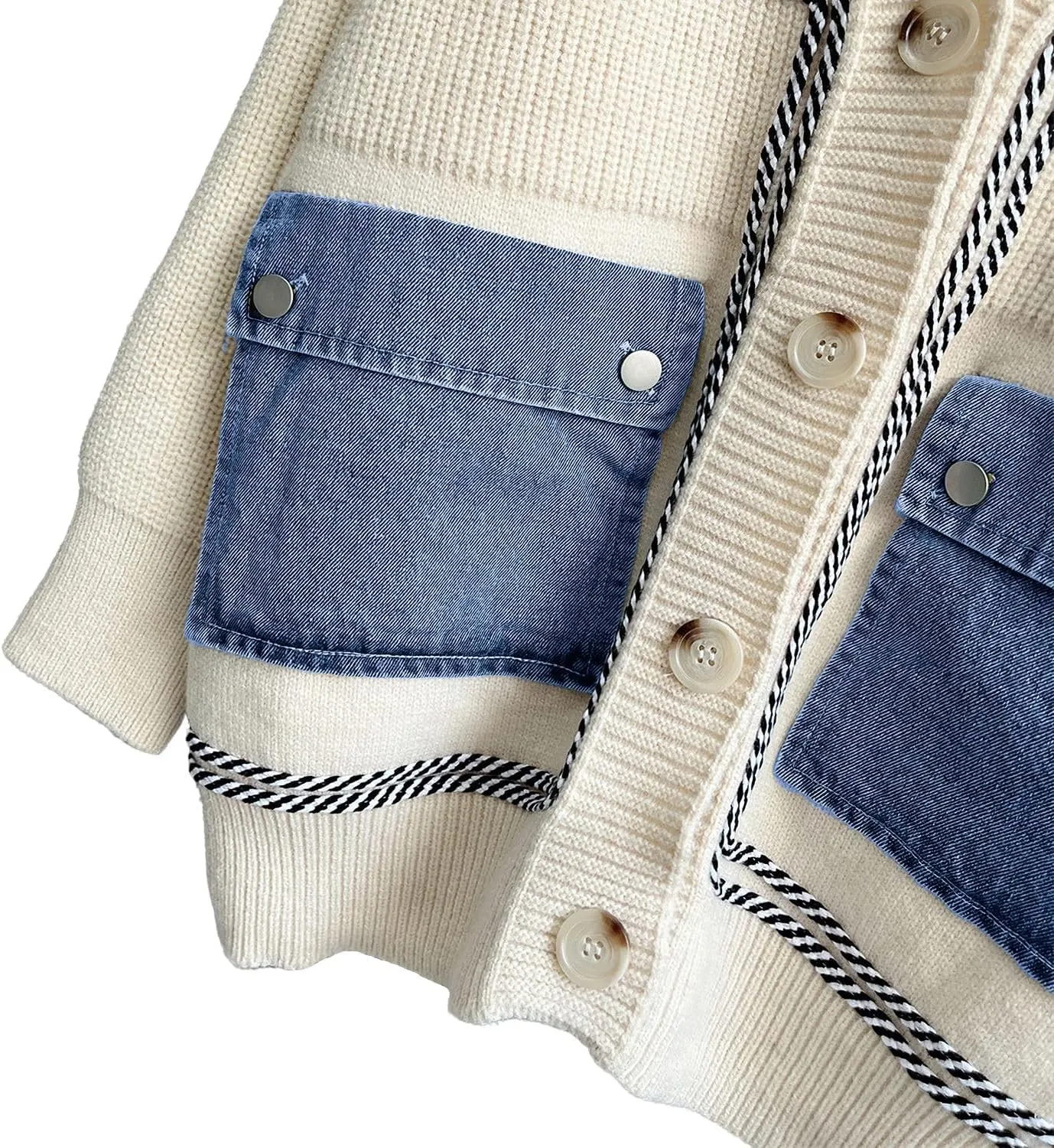 ebossy Women's Spliced Denim Pockets Knit Cardigan Button Down Slouchy Stripe Sweater Outwear