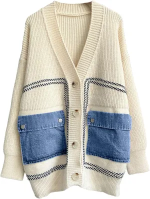 ebossy Women's Spliced Denim Pockets Knit Cardigan Button Down Slouchy Stripe Sweater Outwear