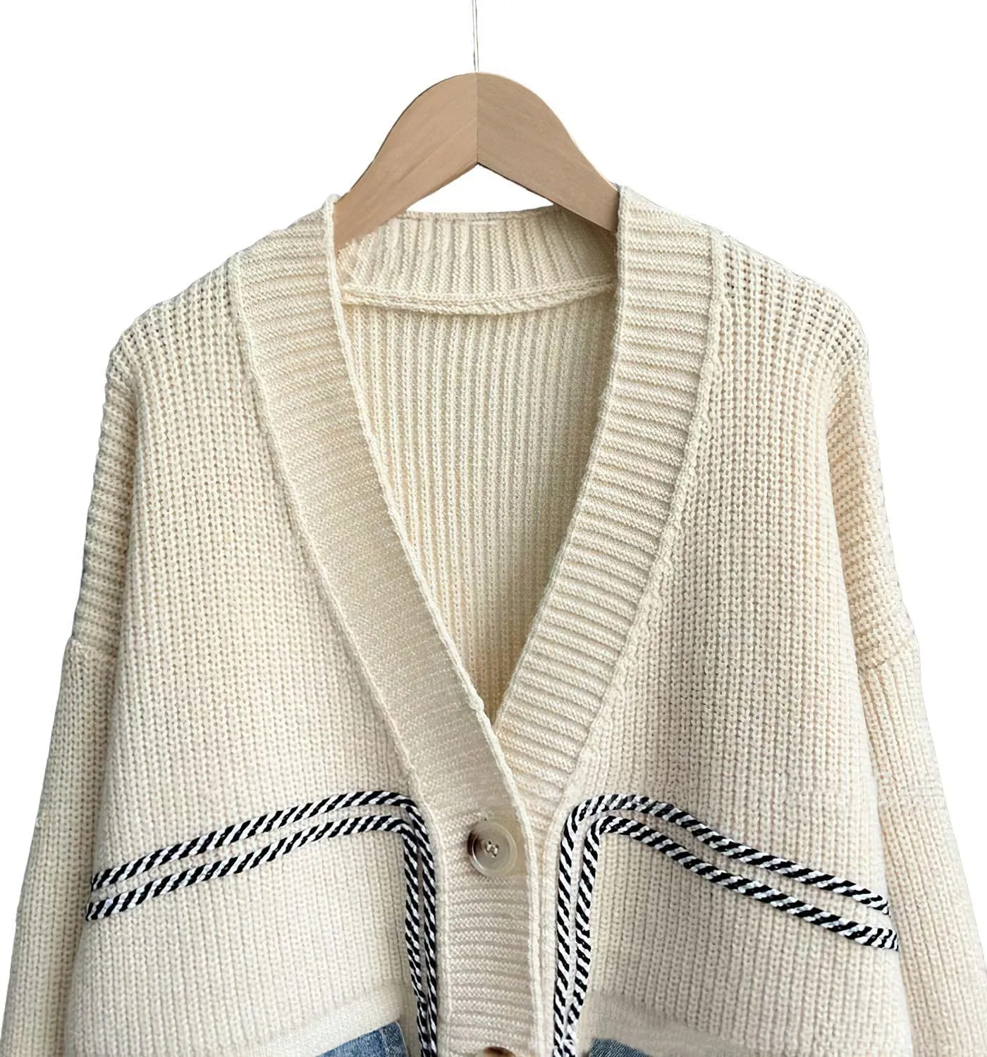 ebossy Women's Spliced Denim Pockets Knit Cardigan Button Down Slouchy Stripe Sweater Outwear