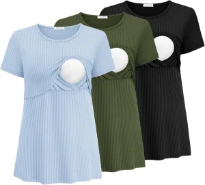 Ekouaer Womens Nursing Tops 3 Pack Short Sleeve Ribbed Breastfeeding Shirts Double Layer Maternity Shirt Pregnancy Clothes
