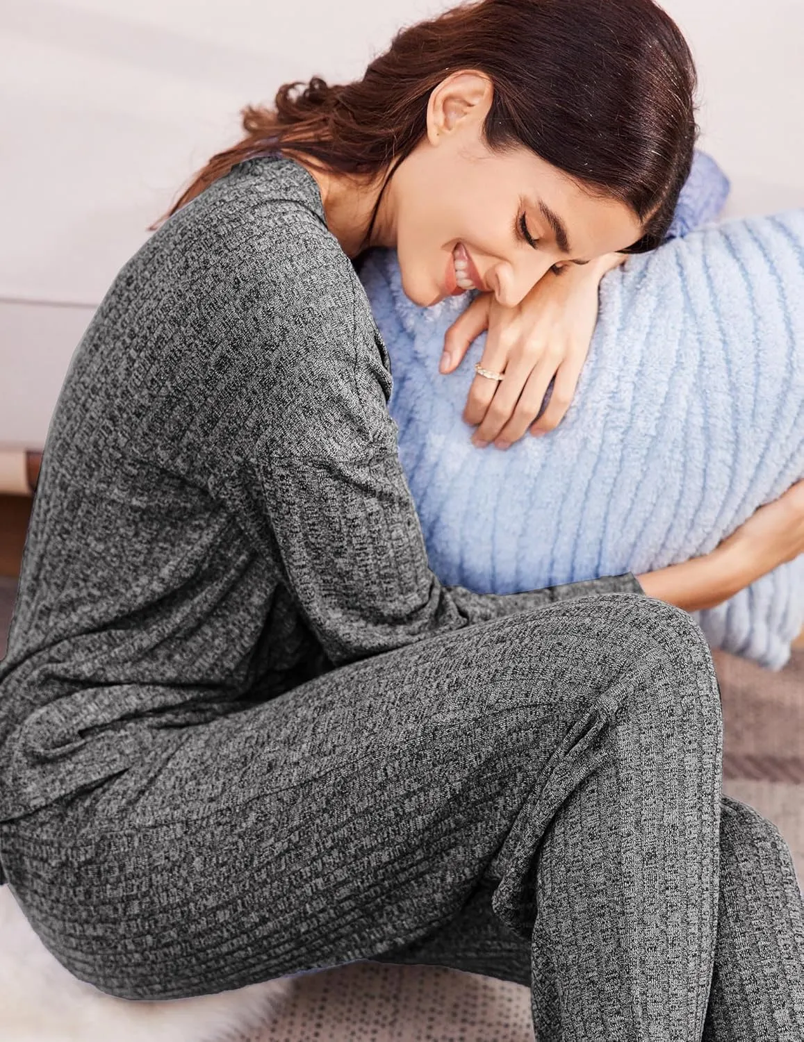 Ekouaer Womens Ribbed Knit Lounge Set Long Sleeve Henley Neck Top and Long Pants Two Piece Soft Sleepwear with Pockets