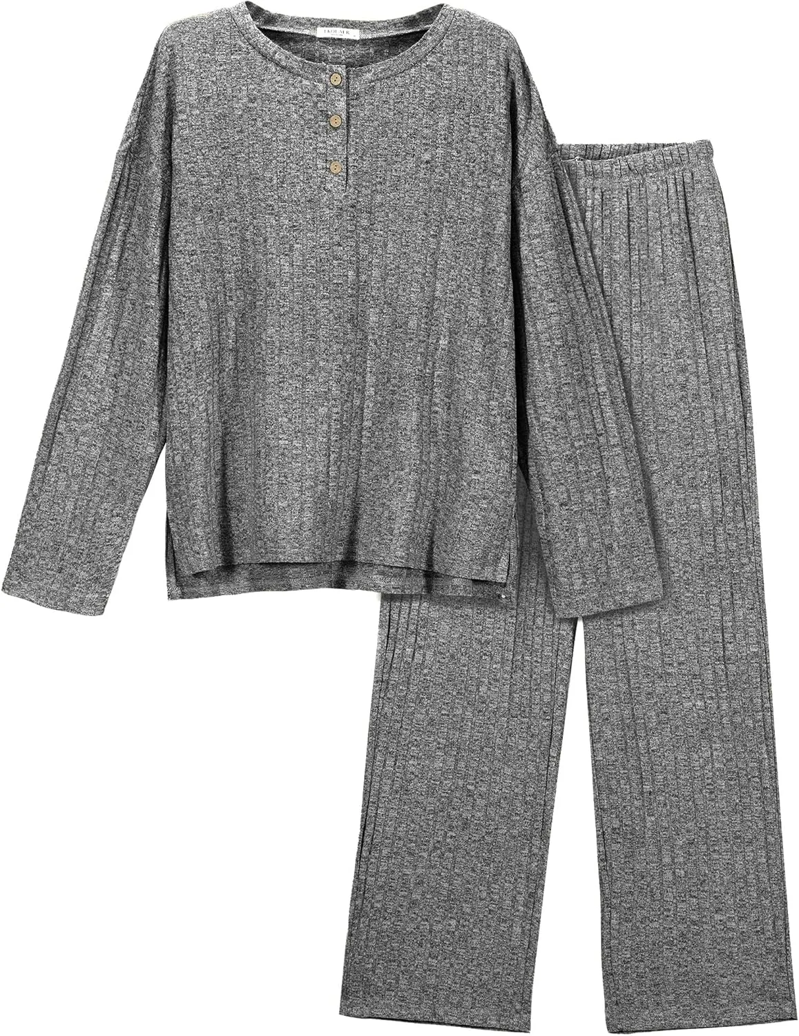 Ekouaer Womens Ribbed Knit Lounge Set Long Sleeve Henley Neck Top and Long Pants Two Piece Soft Sleepwear with Pockets