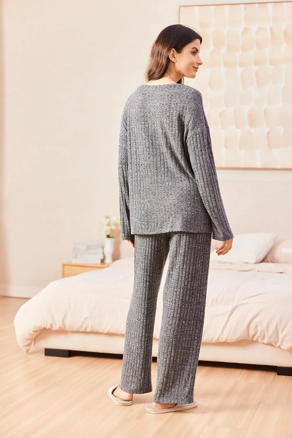 Ekouaer Womens Ribbed Knit Lounge Set Long Sleeve Henley Neck Top and Long Pants Two Piece Soft Sleepwear with Pockets