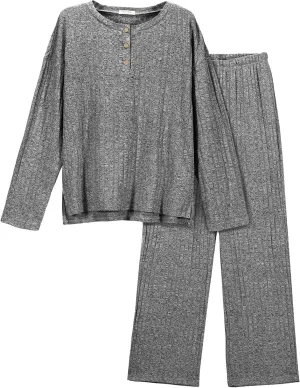 Ekouaer Womens Ribbed Knit Lounge Set Long Sleeve Henley Neck Top and Long Pants Two Piece Soft Sleepwear with Pockets