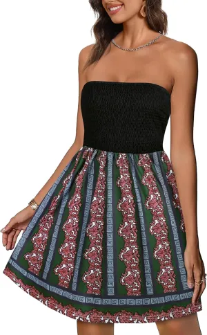 elescat Summer Dresses for Women Strapless Casual Beach Cover Ups Tube Top Sundress