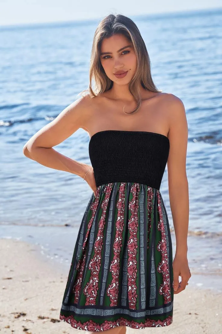 elescat Summer Dresses for Women Strapless Casual Beach Cover Ups Tube Top Sundress