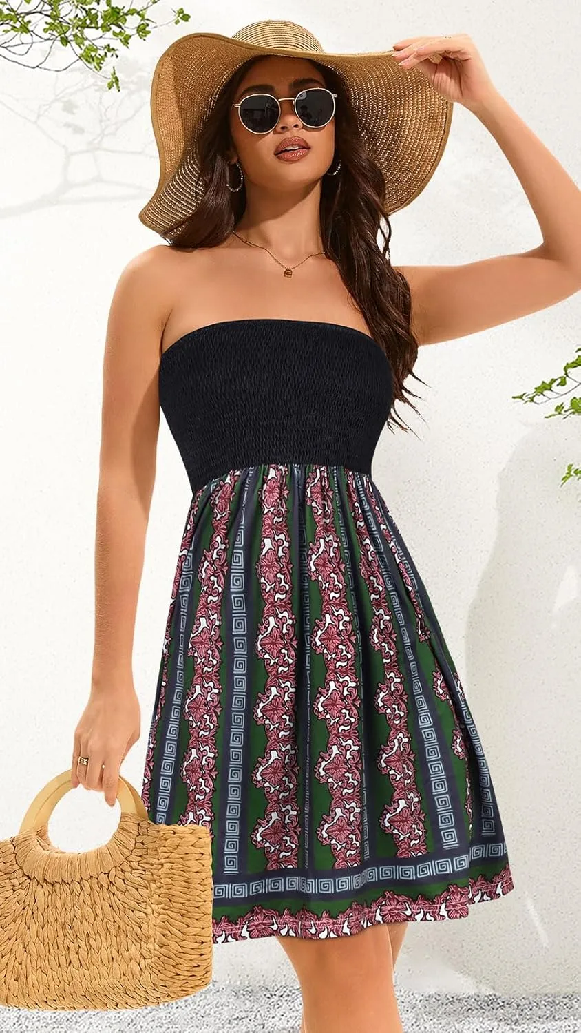 elescat Summer Dresses for Women Strapless Casual Beach Cover Ups Tube Top Sundress