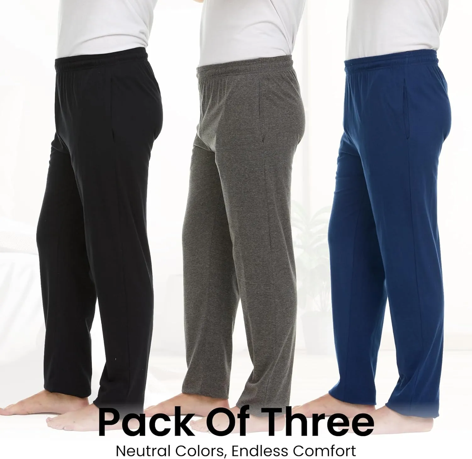 Essential Elements Men's 100% Cotton Jersey Active Lounge Sleep Pajama Pants for Men - 3 Pack