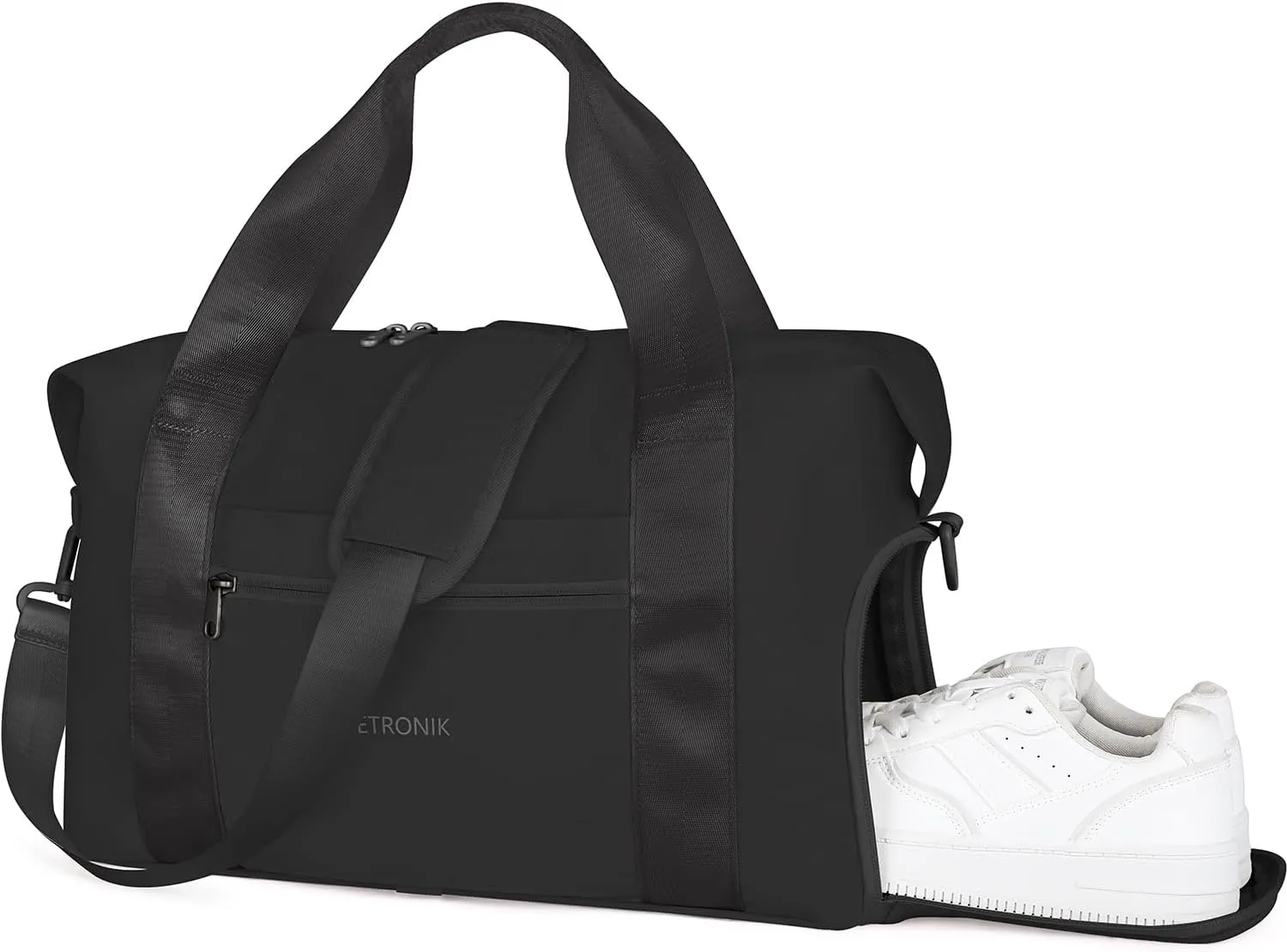 ETRONIK Foldable Travel Bag - Gym Duffle with Shoe Compartment, Weekender Overnight Tote for Sports, Water Resistant - Black