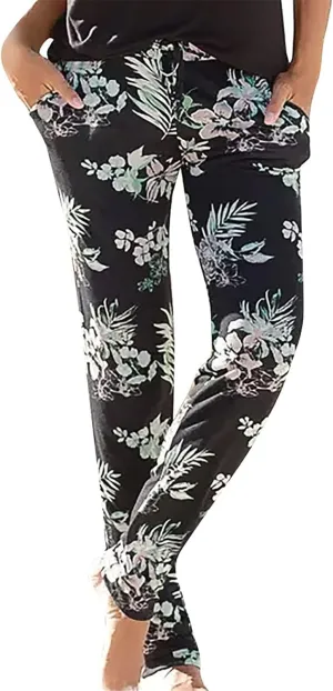FarJing Women's Boho Palazzo Pants Casual Comfy High Waist Print Stretch Beach Trousers Lounge Pants Wide Leg