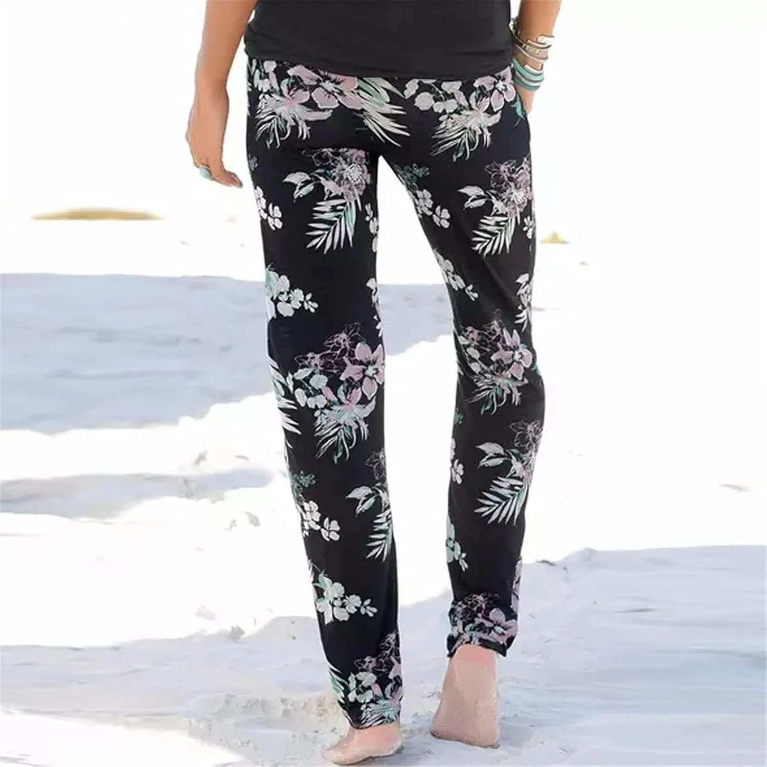 FarJing Women's Boho Palazzo Pants Casual Comfy High Waist Print Stretch Beach Trousers Lounge Pants Wide Leg