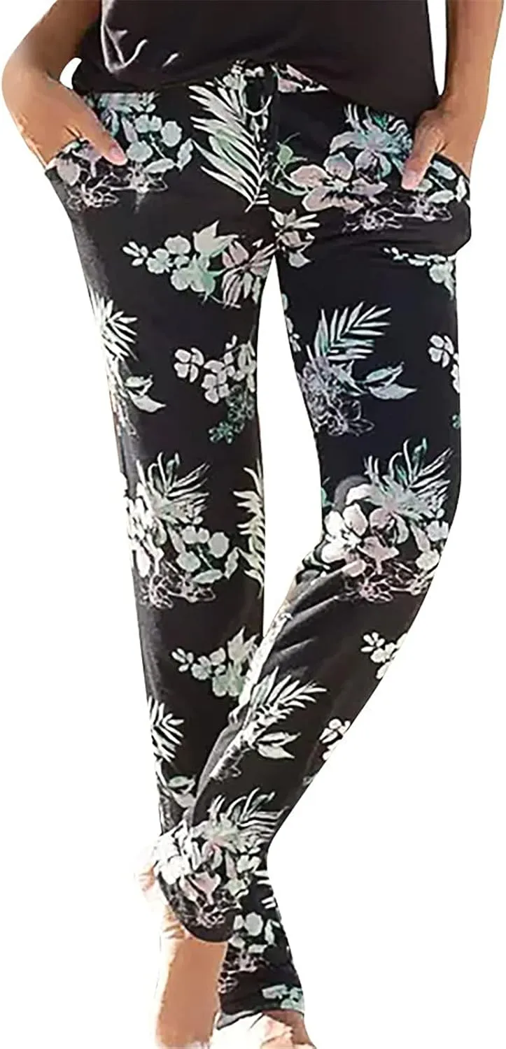 FarJing Women's Boho Palazzo Pants Casual Comfy High Waist Print Stretch Beach Trousers Lounge Pants Wide Leg