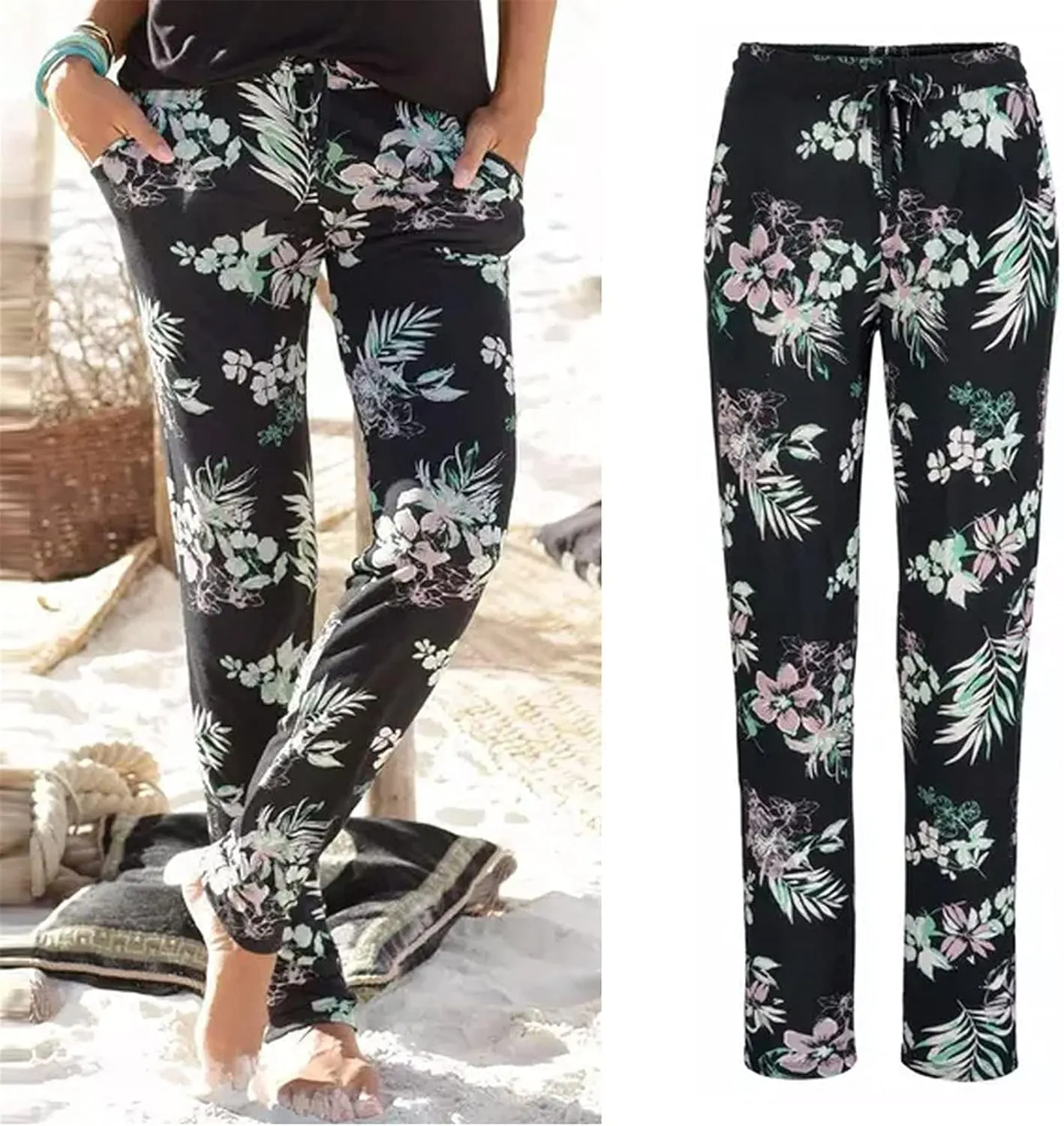 FarJing Women's Boho Palazzo Pants Casual Comfy High Waist Print Stretch Beach Trousers Lounge Pants Wide Leg
