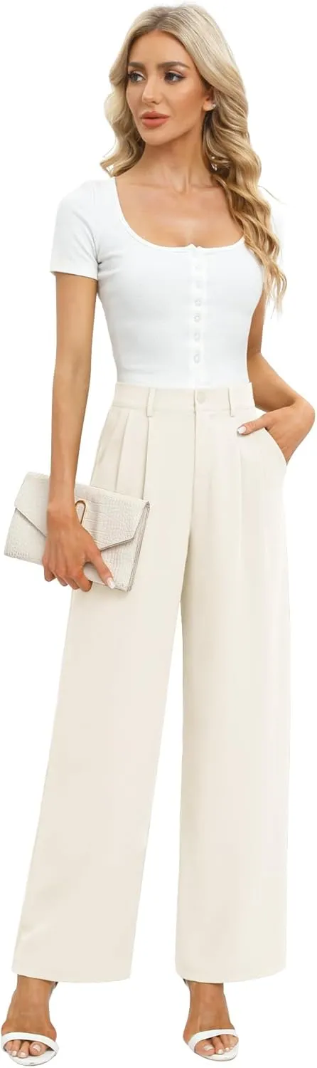 Feiersi Women's Business Work Trousers High Waisted Wide Leg Pants Long Straight Suit Pants with Pocket