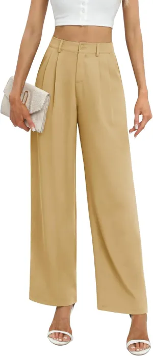 Feiersi Women's Business Work Trousers High Waisted Wide Leg Pants Long Straight Suit Pants with Pocket