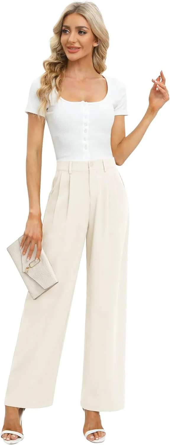 Feiersi Women's Business Work Trousers High Waisted Wide Leg Pants Long Straight Suit Pants with Pocket