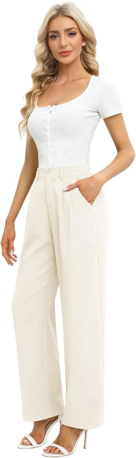 Feiersi Women's Business Work Trousers High Waisted Wide Leg Pants Long Straight Suit Pants with Pocket