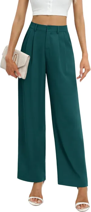 Feiersi Women's Business Work Trousers High Waisted Wide Leg Pants Long Straight Suit Pants with Pocket