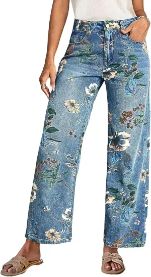 Flamingals High-Rise Vintage Floral Straight Leg Pants for Women Summer Casual Denim Pants