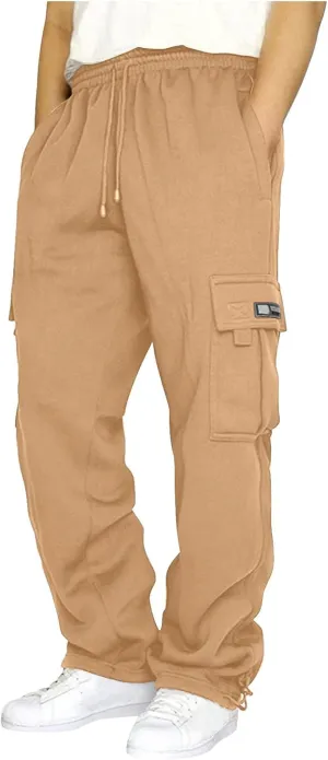 Fleece Cargo Pants for Men Casual Solid Plus Size Loose Fit Sweatpants Mens Baggy Stretch Waist Hiking Work Pants