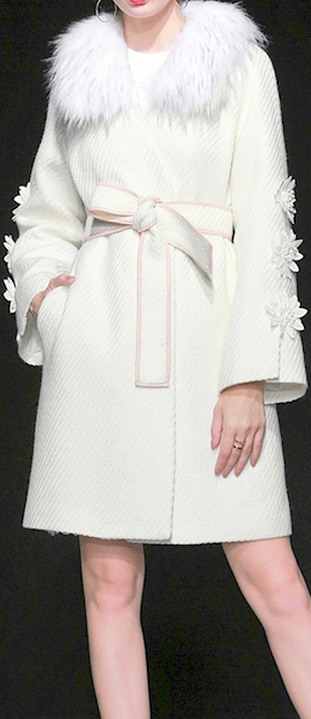 Floral-Appliques Belted Wool Coat with Faux-Fur Collar