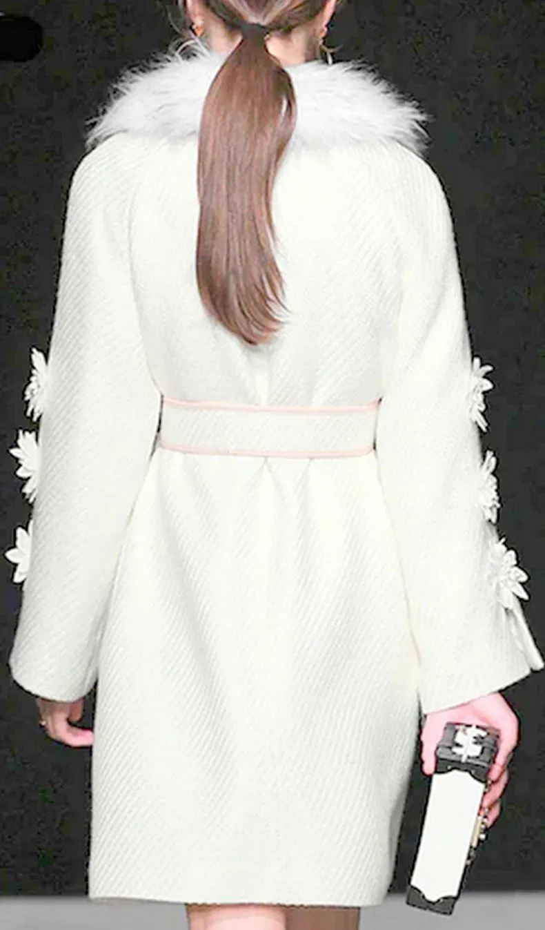 Floral-Appliques Belted Wool Coat with Faux-Fur Collar