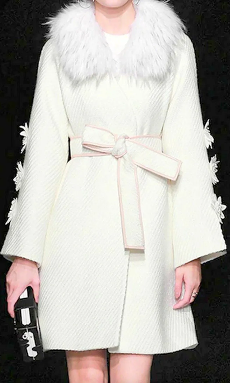 Floral-Appliques Belted Wool Coat with Faux-Fur Collar