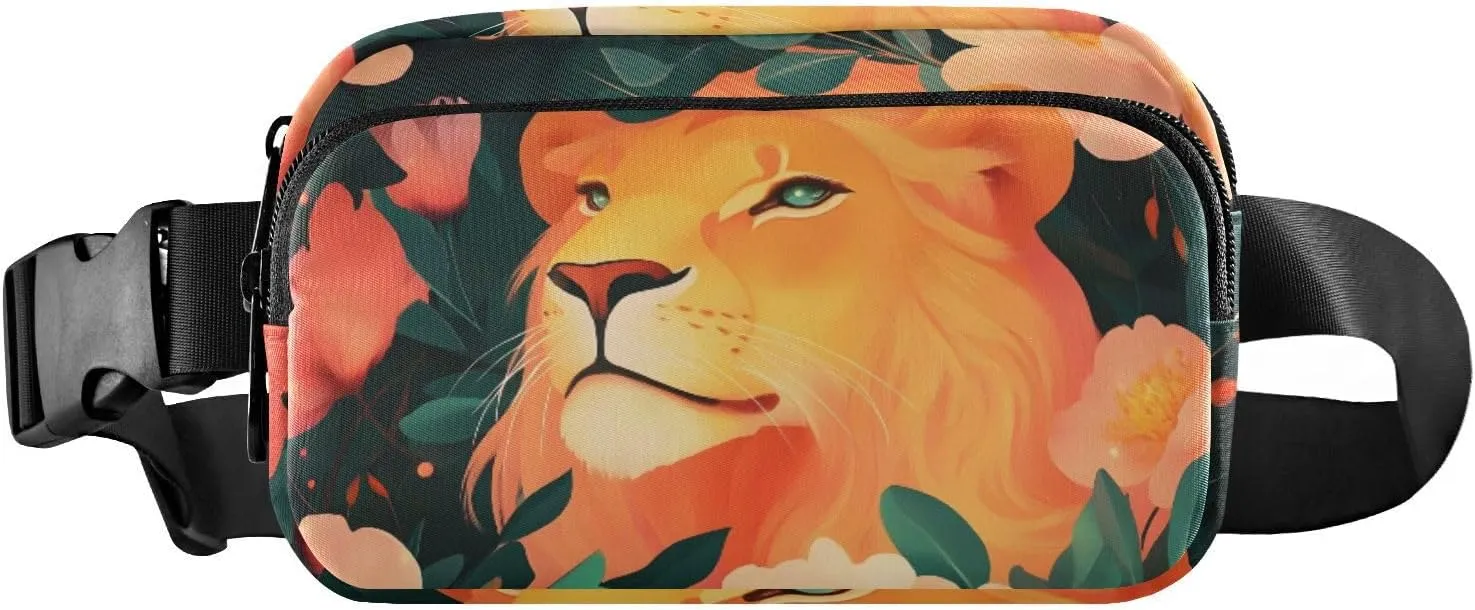 Floral Lion Fanny Packs for Women Men, Water Resistant Waist Pack Sling Bag Purse for Travel Hiking
