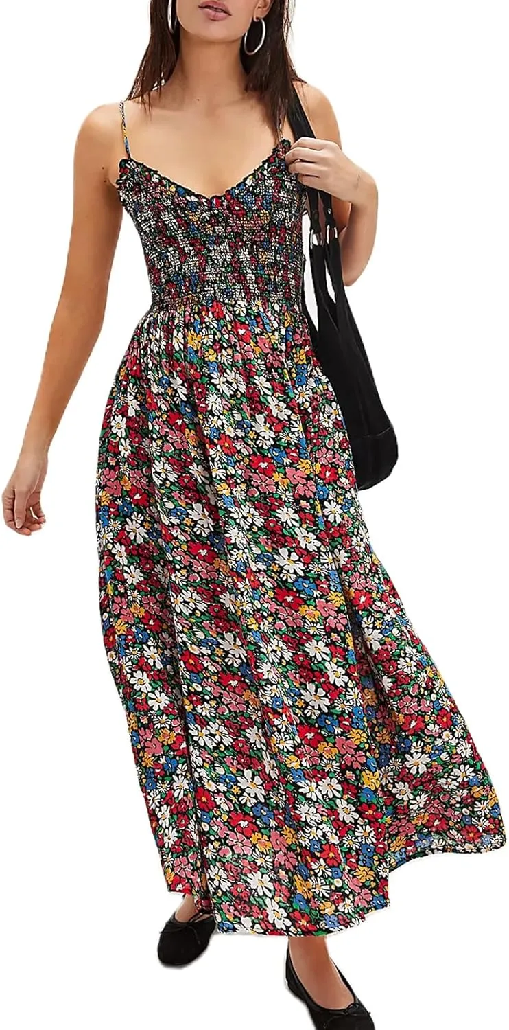 Floral Maxi Dresses for Women Sleeveless Tie Shoulder Smocked Flowy Boho Long Dress Y2k Summer Vacation Sundress