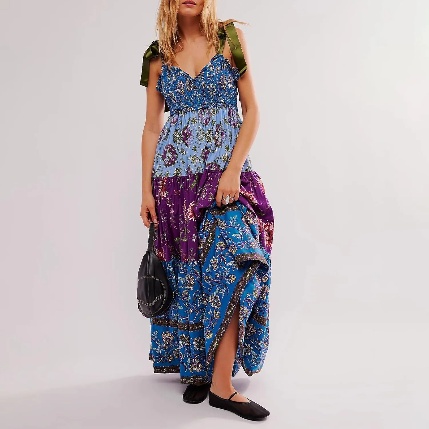 Floral Maxi Dresses for Women Sleeveless Tie Shoulder Smocked Flowy Boho Long Dress Y2k Summer Vacation Sundress