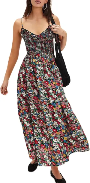 Floral Maxi Dresses for Women Sleeveless Tie Shoulder Smocked Flowy Boho Long Dress Y2k Summer Vacation Sundress