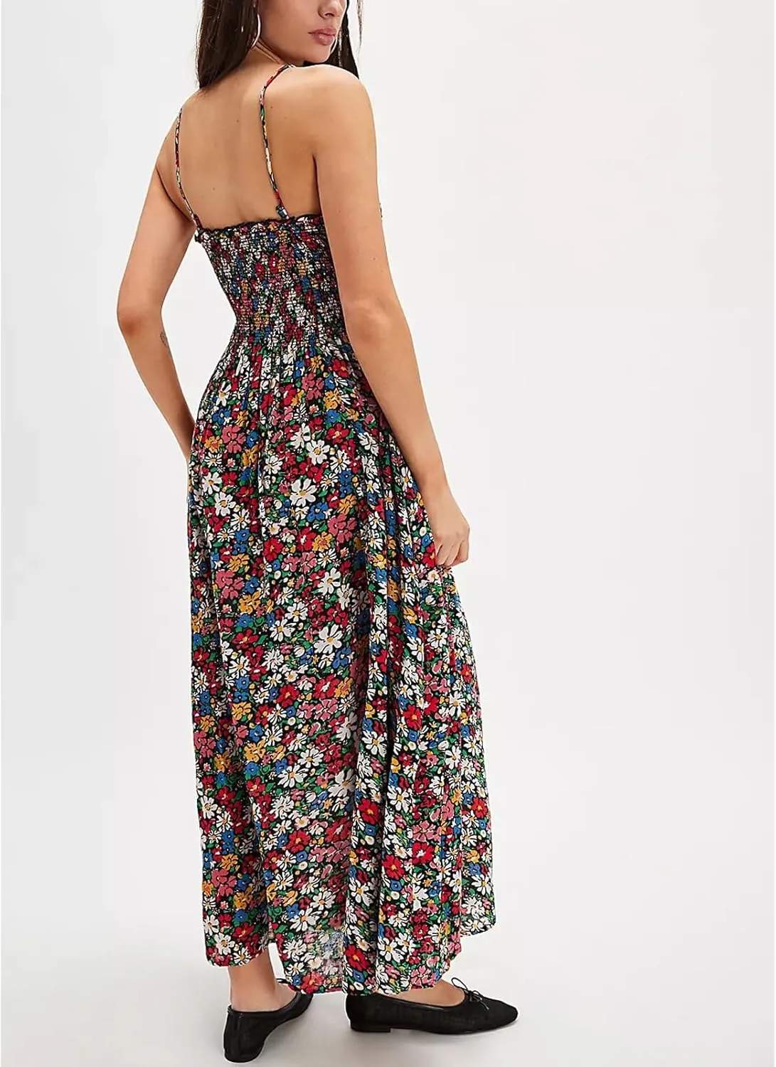 Floral Maxi Dresses for Women Sleeveless Tie Shoulder Smocked Flowy Boho Long Dress Y2k Summer Vacation Sundress