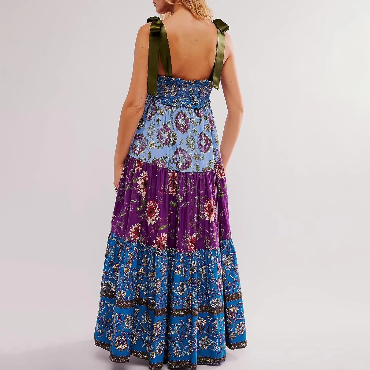 Floral Maxi Dresses for Women Sleeveless Tie Shoulder Smocked Flowy Boho Long Dress Y2k Summer Vacation Sundress