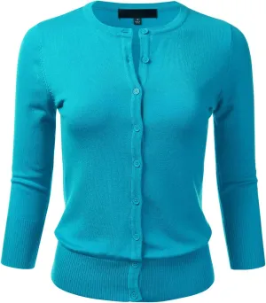 FLORIA Women's Button Down 3/4 Sleeve Crew Neck Knit Cardigan Sweater (S-3X)