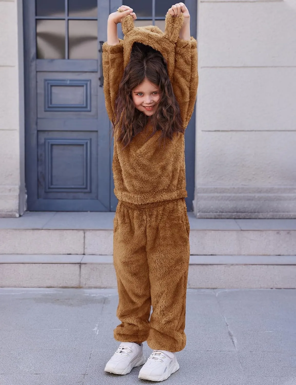 Flygo Girls Fuzzy Pants Set Crop Hoodie Bear Ear Two Piece Outfits Fluffy Sweatshirt and Fleece Pants Sweatsuit
