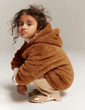 Flygo Girls Fuzzy Pants Set Crop Hoodie Bear Ear Two Piece Outfits Fluffy Sweatshirt and Fleece Pants Sweatsuit