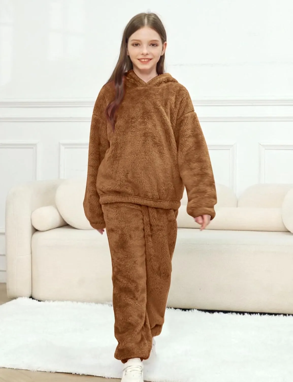 Flygo Girls Fuzzy Pants Set Crop Hoodie Bear Ear Two Piece Outfits Fluffy Sweatshirt and Fleece Pants Sweatsuit