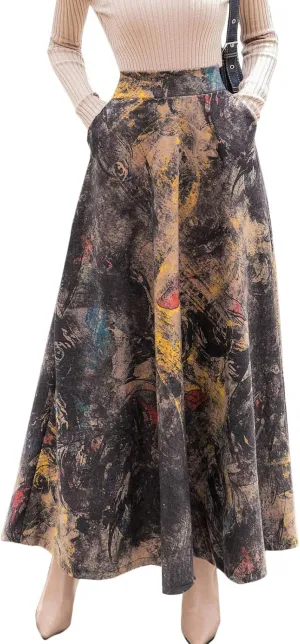 Flygo Women's Retro Ethic High Waisted A-Line Pleated Maxi Long Wool Blend Skirt