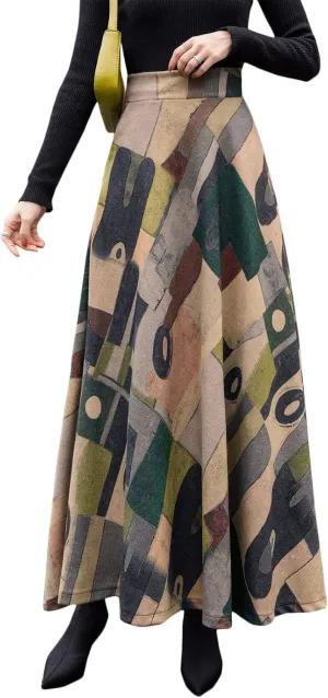 Flygo Women's Retro Ethic High Waisted A-Line Pleated Maxi Long Wool Blend Skirt